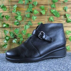 Trotters Ankle Boots Women's 6.5 WW Black Leather Buckle Zip Up Comfort Wedge
